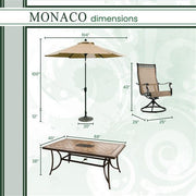 Hanover - Monaco 7pc: 6 Sling Swivel Rockers, 40x68" Tile Top Table, Umbrella, Base - Tan Sling/Tile-United Backyard