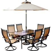 Hanover - Monaco 7pc: 6 Sling Swivel Rockers, 40x68" Tile Top Table, Umbrella, Base - Tan Sling/Tile-United Backyard