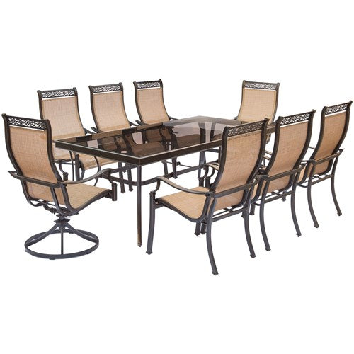 Hanover - Monaco 9pc: 6 Sling Dining Chairs, 2 Sling Swivel Rockers, 42x84" Gls Table - Tan Sling/Glass-United Backyard