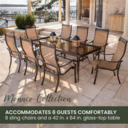 Hanover - Monaco 9pc: 8 Sling Dining Chairs, 42x84" Glass Top Table - Tan Sling/Glass-United Backyard
