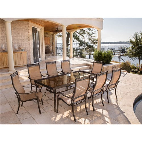 Hanover - Monaco 9pc: 8 Sling Dining Chairs, 42x84" Glass Top Table - Tan Sling/Glass-United Backyard
