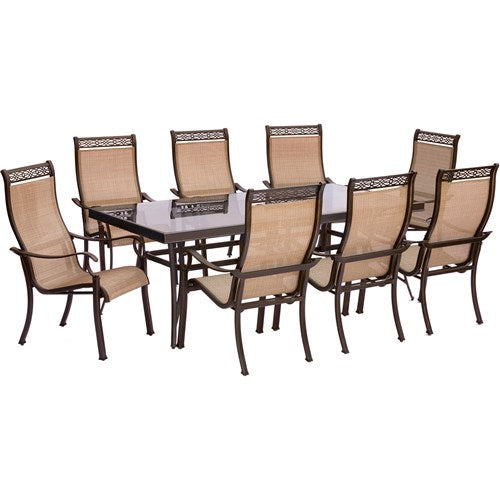 Hanover - Monaco 9pc: 8 Sling Dining Chairs, 42x84" Glass Top Table - Tan Sling/Glass-United Backyard