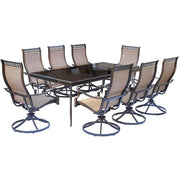 Hanover - Monaco 9pc: 8 Sling Swivel Rockers, 42x84" Glass Top Table - Tan Sling/Glass-United Backyard