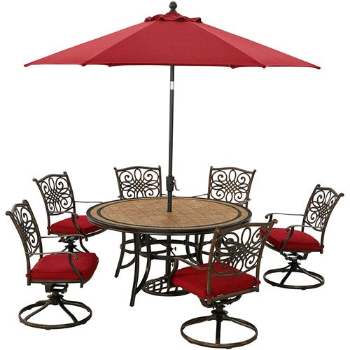 Hanover - Monaco7pc: 6 Cush Swivel Rockers, 60" Round Tile Table, Umbrella, Base - Red/Bronze-United Backyard