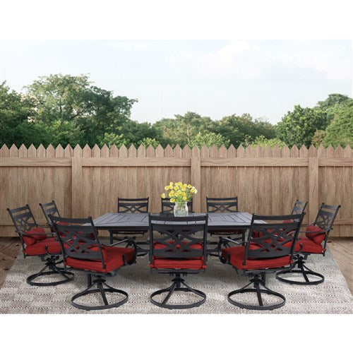 Hanover - Montclair 11pc: 10 Swivel Rockers, 60"x84" Rectangle Dining Table - Chili Red/Brown-United Backyard