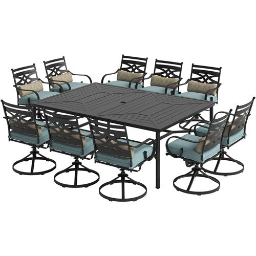 Hanover - Montclair 11pc: 10 Swivel Rockers, 60"x84" Rectangle Dining Table - Ocean Blue/Brown-United Backyard
