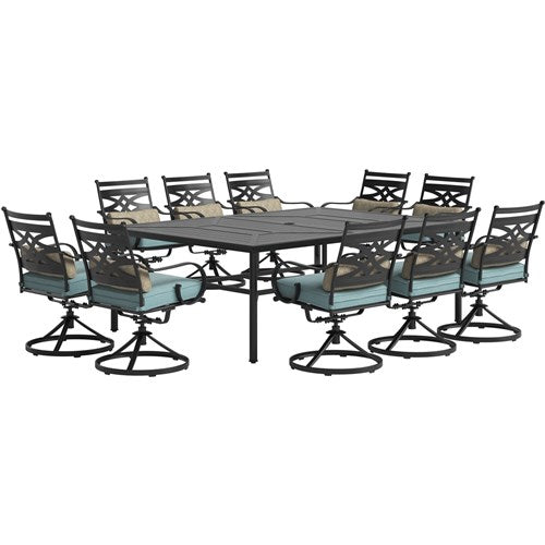 Hanover - Montclair 11pc: 10 Swivel Rockers, 60"x84" Rectangle Dining Table - Ocean Blue/Brown-United Backyard