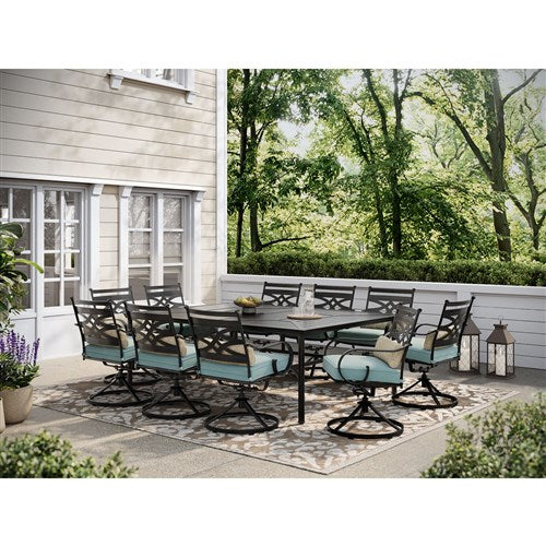 Hanover - Montclair 11pc: 10 Swivel Rockers, 60"x84" Rectangle Dining Table - Ocean Blue/Brown-United Backyard
