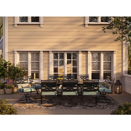 Hanover - Montclair 11pc: 10 Swivel Rockers, 60"x84" Rectangle Dining Table - Ocean Blue/Brown-United Backyard