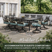 Hanover - Montclair 11pc: 10 Swivel Rockers, 60"x84" Rectangle Dining Table - Ocean Blue/Brown-United Backyard