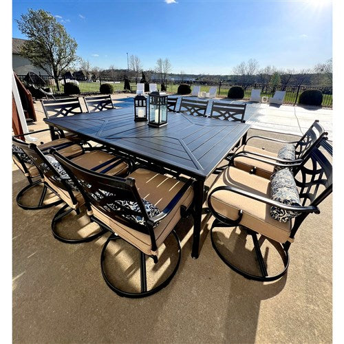 Hanover - Montclair 11pc: 10 Swivel Rockers, 60"x84" Rectangle Dining Table - Tan/Brown-United Backyard