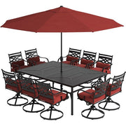 Hanover - Montclair 11pc: 10 Swivel Rockers, 60"x84" Table, Umbrella, Base - Chili Red/Brown-United Backyard