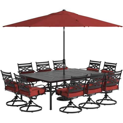 Hanover - Montclair 11pc: 10 Swivel Rockers, 60"x84" Table, Umbrella, Base - Chili Red/Brown-United Backyard