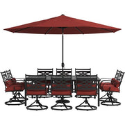 Hanover - Montclair 11pc: 10 Swivel Rockers, 60"x84" Table, Umbrella, Base - Chili Red/Brown-United Backyard