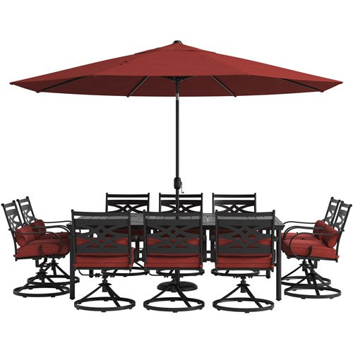Hanover - Montclair 11pc: 10 Swivel Rockers, 60"x84" Table, Umbrella, Base - Chili Red/Brown-United Backyard