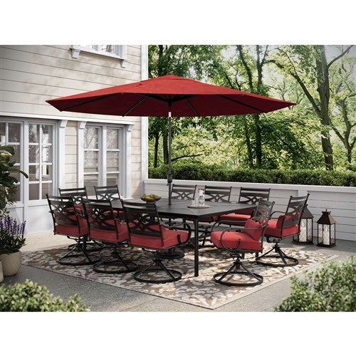 Hanover - Montclair 11pc: 10 Swivel Rockers, 60"x84" Table, Umbrella, Base - Chili Red/Brown-United Backyard