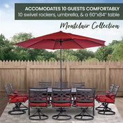 Hanover - Montclair 11pc: 10 Swivel Rockers, 60"x84" Table, Umbrella, Base - Chili Red/Brown-United Backyard