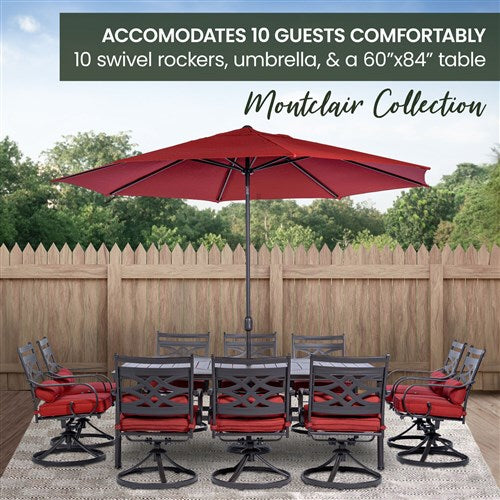 Hanover - Montclair 11pc: 10 Swivel Rockers, 60"x84" Table, Umbrella, Base - Chili Red/Brown-United Backyard
