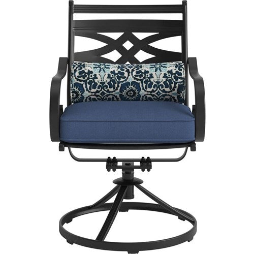 Hanover - Montclair 11pc: 10 Swivel Rockers, 60"x84" Table, Umbrella, Base - Navy/Brown-United Backyard