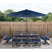Hanover - Montclair 11pc: 10 Swivel Rockers, 60"x84" Table, Umbrella, Base - Navy/Brown-United Backyard