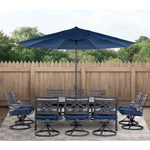 Hanover - Montclair 11pc: 10 Swivel Rockers, 60"x84" Table, Umbrella, Base - Navy/Brown-United Backyard
