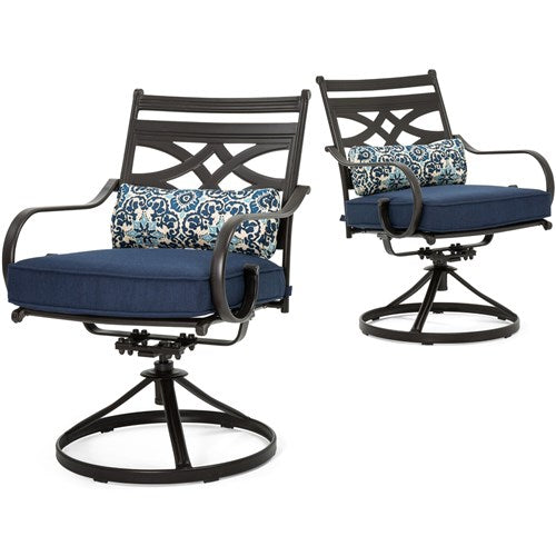 Hanover - Montclair 11pc: 10 Swivel Rockers, 60"x84" Table, Umbrella, Base - Navy/Brown-United Backyard