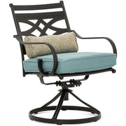 Hanover - Montclair 11pc: 10 Swivel Rockers, 60"x84" Table, Umbrella, Base - Ocean Blue/Brown-United Backyard