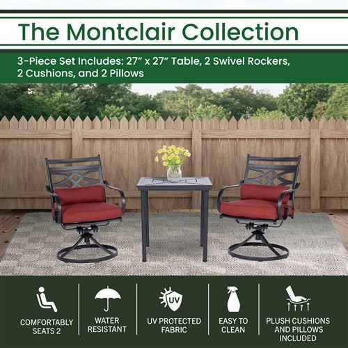 Hanover - Montclair 3pc: 2 Swivel Rockers, 27" Square Bistro Table - Chili Red/Brown-United Backyard