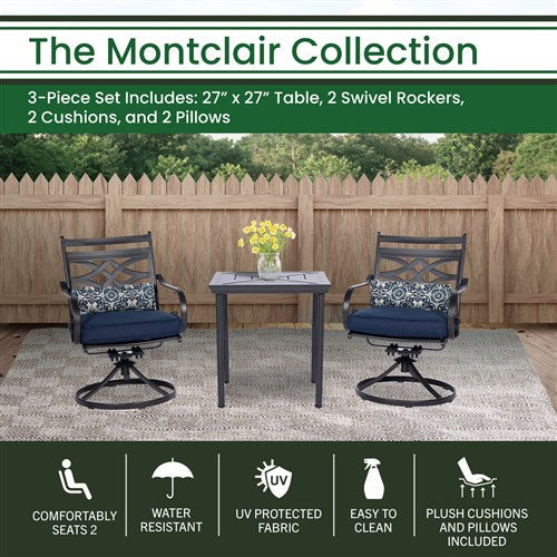 Hanover - Montclair 3pc: 2 Swivel Rockers, 27" Square Bistro Table - Navy/Brown-United Backyard
