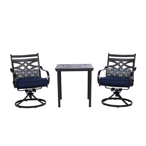 Hanover - Montclair 3pc: 2 Swivel Rockers, 27" Square Bistro Table - Navy/Brown-United Backyard