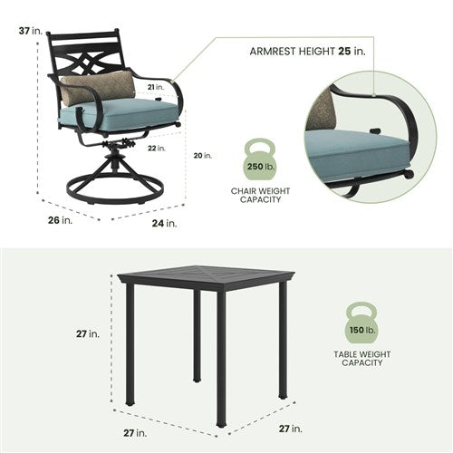 Hanover - Montclair 3pc: 2 Swivel Rockers, 27" Square Bistro Table - Ocean Blue/Brown-United Backyard
