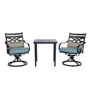 Hanover - Montclair 3pc: 2 Swivel Rockers, 27" Square Bistro Table - Ocean Blue/Brown-United Backyard