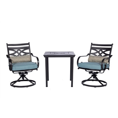 Hanover - Montclair 3pc: 2 Swivel Rockers, 27" Square Bistro Table - Ocean Blue/Brown-United Backyard