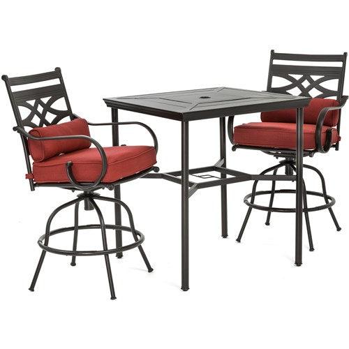Hanover - Montclair 3pc High Dining: 2 Swivel Chairs, 33" Square High Dining Table - Chili Red/Brown-United Backyard