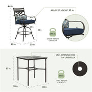 Hanover - Montclair 3pc High Dining: 2 Swivel Chairs, 33" Square High Dining Table - Navy/Brown-United Backyard