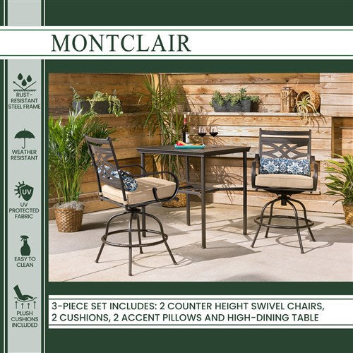Hanover - Montclair 3pc High Dining: 2 Swivel Chairs, 33" Square High Dining Table - Tan/Brown-United Backyard