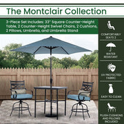 Hanover - Montclair 3pc High Dining: 2 Swivel Chairs, 33" Square High Table, Umbrella & Base - Ocean Blue/Brown-United Backyard