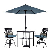 Hanover - Montclair 3pc High Dining: 2 Swivel Chairs, 33" Square High Table, Umbrella & Base - Ocean Blue/Brown-United Backyard