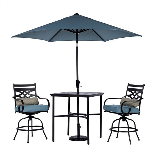 Hanover - Montclair 3pc High Dining: 2 Swivel Chairs, 33" Square High Table, Umbrella & Base - Ocean Blue/Brown-United Backyard
