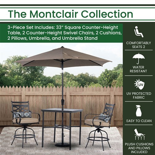 Hanover - Montclair 3pc High Dining: 2 Swivel Chairs, 33" Square High Table, Umbrella & Base - Tan/Brown-United Backyard