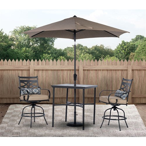 Hanover - Montclair 3pc High Dining: 2 Swivel Chairs, 33" Square High Table, Umbrella & Base - Tan/Brown-United Backyard