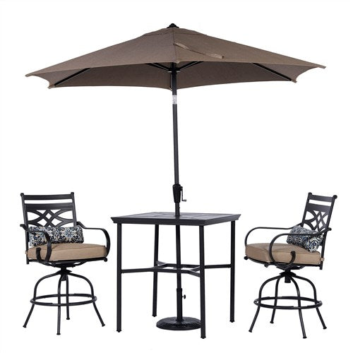 Hanover - Montclair 3pc High Dining: 2 Swivel Chairs, 33" Square High Table, Umbrella & Base - Tan/Brown-United Backyard
