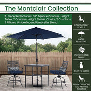 Hanover - Montclair 3pc High Dining: 2 Swivel Chairs,33" Square High Table, Umbrella & Base - Navy/Brown-United Backyard