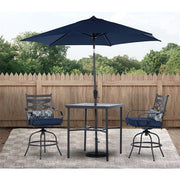 Hanover - Montclair 3pc High Dining: 2 Swivel Chairs,33" Square High Table, Umbrella & Base - Navy/Brown-United Backyard