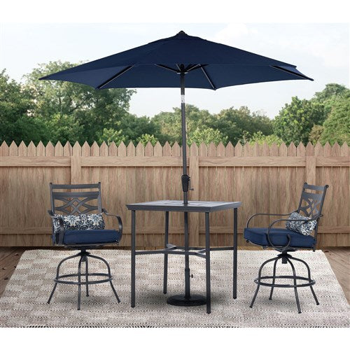 Hanover - Montclair 3pc High Dining: 2 Swivel Chairs,33" Square High Table, Umbrella & Base - Navy/Brown-United Backyard