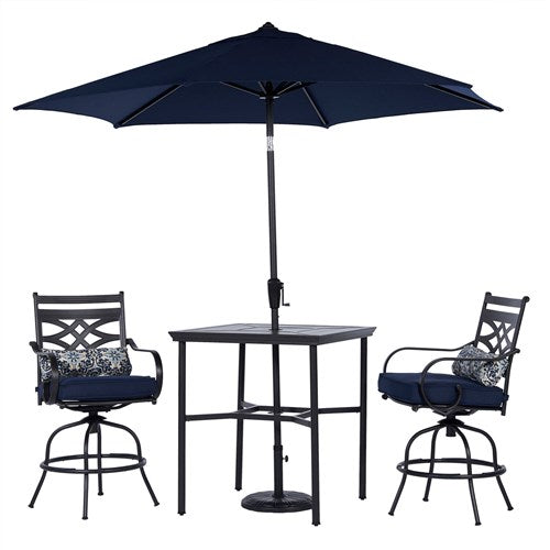 Hanover - Montclair 3pc High Dining: 2 Swivel Chairs,33" Square High Table, Umbrella & Base - Navy/Brown-United Backyard