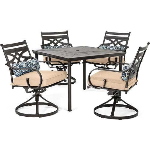 Hanover - Montclair 5pc: 4 Swivel Rockers, 40" Square Dining Table - Tan/Brown-United Backyard