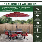 Hanover - Montclair 5pc: 4 Swivel Rockers, 40" Square Dining Table, Umbrella & Base - Chili Red/Brown-United Backyard