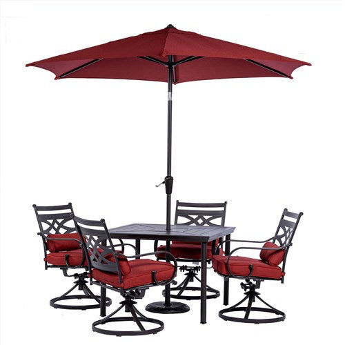 Hanover - Montclair 5pc: 4 Swivel Rockers, 40" Square Dining Table, Umbrella & Base - Chili Red/Brown-United Backyard