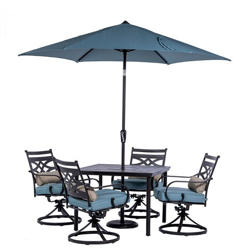 Hanover - Montclair 5pc: 4 Swivel Rockers, 40" Square Dining Table, Umbrella & Base - Ocean Blue/Brown-United Backyard